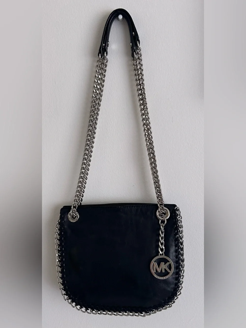 Michael Kors Black Leather Chain Shoulder Bag Silver Hardware